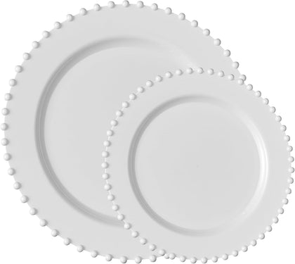 32 Piece Combo Plastic Dinner Plates Disposable Plastic Fancy Heavy Duty Party Dishes 7 inch and 10 inch, White Beaded