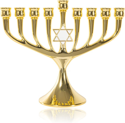 Hanukkah Menorah Upgrade Cups with Built-in Pins, Star of David Candle Holders 9 Branches Gold Plated Candlesticks