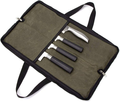4 Slots Chefs Knife Roll Bag Cutlery Storage Case Men Army Green | Heavy duty waxed canvas pouches.Portable handles