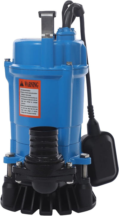 1HP Submersible Sewage Pump, 5019GPH Portable Trash Pump 3420RPM Cast Iron Utility Equipment, 59ft Lift for Basement