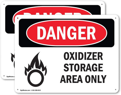 (2 Pack) Oxidizer Storage Area Only OSHA Danger Sign 14 Inch X 10 Inch Plastic Sign, Weather Resistant, UV Protected
