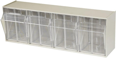 TiltView Plastic Storage Cabinet with 4 Tilt Out Bins, Horizontal Plastic Parts Organizer, Teacher Toolbox, and
