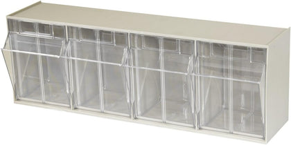 TiltView Plastic Storage Cabinet with 4 Tilt Out Bins, Horizontal Plastic Parts Organizer, Teacher Toolbox, and