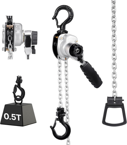 Manual Lever Chain Hoist, 1/2T 1100LBS Capacity Heavy Duty Come Along, 5FT Lift G80 Alloy Steel Chain with Dual Pawl