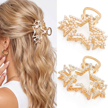 Gold Star Claw Clips Rhinestone Hair Clips Hair Accessories Women | Pearl Claw Clips Medium Metal Hair Clips Sparkly