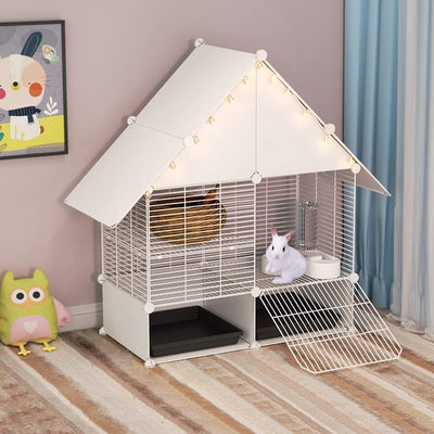 2-Story Small Rabbit Cage Indoor Bunny Hutch with 2 Deep Pull-Out Trays and Urine Guard, Guinea Pig Cage Metal Wire