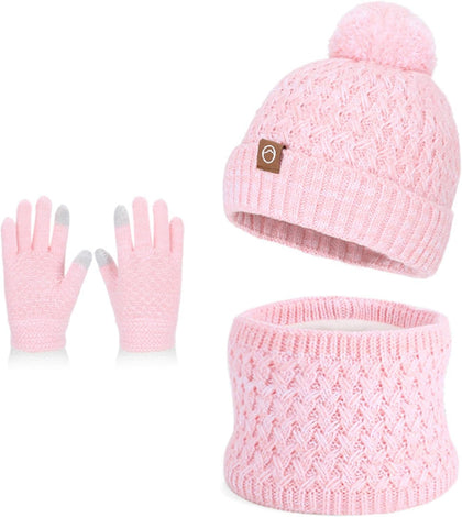 Kids Winter Hat Gloves Scarf Set, Pom Wool Warm Fleece Beanie Knit Neck Gaiter Mittens for 4-10 Years Children