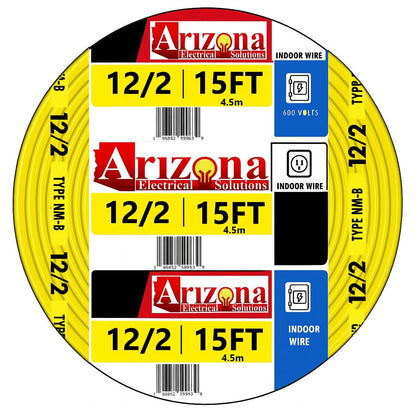 Arizona Electrical Solutions 15 Ft 12/2 NM-B Electrical Wire, Copper 12 AWG 2 Conductor with Ground, 600V Non-Metallic Sheathed Indoor House Wiring Cable, Yellow Jacket