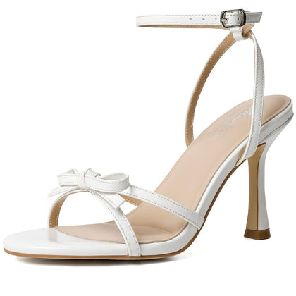 White Bow Heels for Women Strappy Lace Up Round Open Toe Heels Ankle Strap Stiletto High Heeled Sandals for Prom