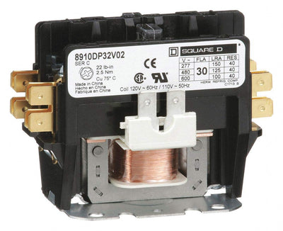Square D 120VAC Definite Purpose Contactor; No. of Poles 2, 30 Full Load Amps-Inductive