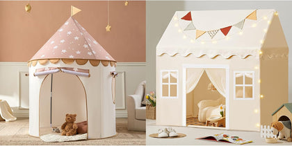 Play Tent with Padded Mat & LED Lights, Kids Tent, Playhouse, Khaki Castle Pop Up Tent for Kids Indoor