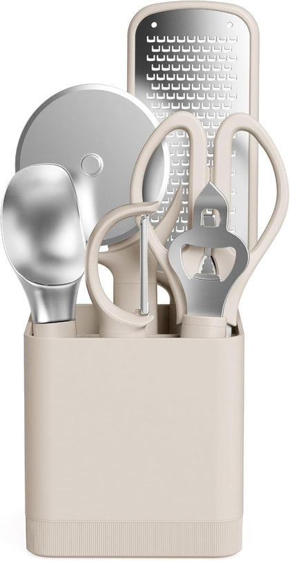 7-Piece Modular Gadget Set, Grater, Pizza Cutter, Ice Cream Scoop, Peeler, Shears, Bottle Opener, Crock with