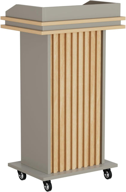 Wooden Podium Stand, Portable Standing Pulpit with Wheels and Drawer, Mobile Lectern Stand for Church, Wedding
