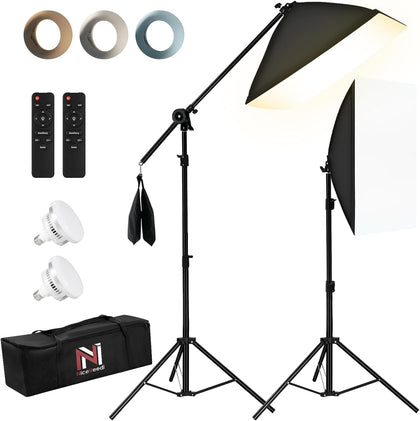 85W Photography Lighting, 2-Pack 20'' x 28'' Professional Softbox Lighting Kit with 53'' Boom Arm & 91'' Tripod
