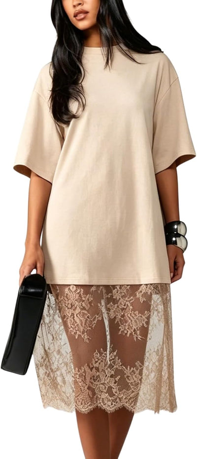 Women's Lace Tshirt Dress Patchwork Oversized Midi Dresses