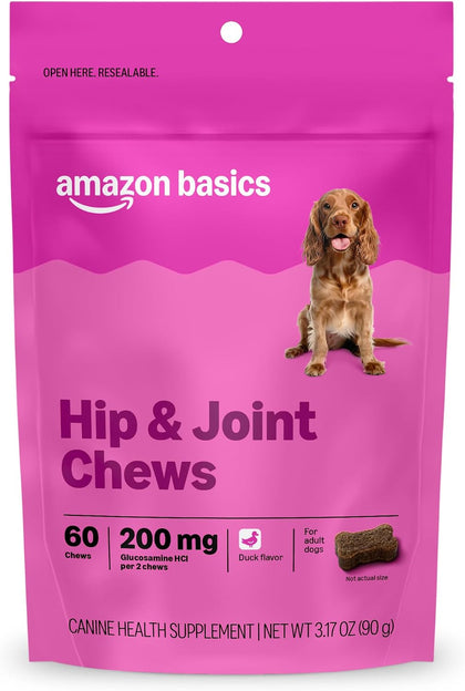 Dog Hip & Joint Daily Supplement Chews with Glucosamine, MSM, and Vitamin C, Duck Flavored, 60 Count, Packaging May Vary
