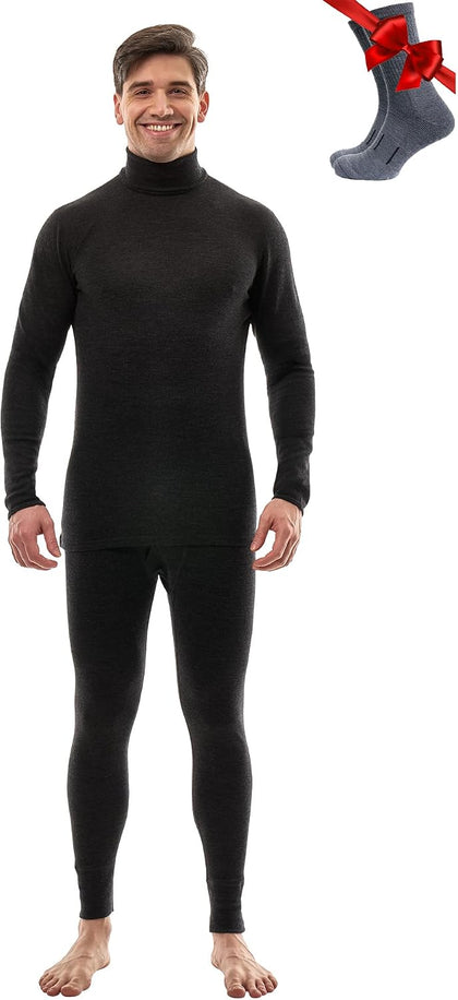 Merino Wool Base Layer Mens Set - Turtleneck Thermal Underwear for Men, Sox | Low and High Neck, Midweight Long