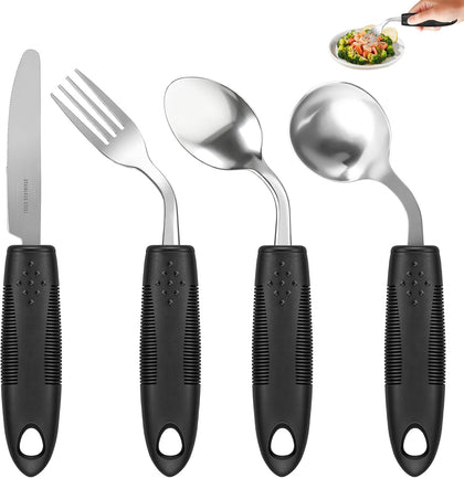 2.9oz Weighted Silverware for Hand Tremors, 45°Angled Adaptive Utensils for Elderly,4 Pack Parkinsons Utensils Aids