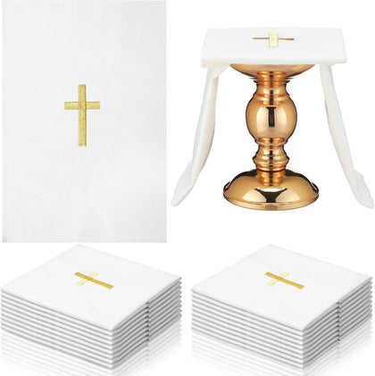 12 Pack of Embroidered Linen Purificator with Gold Cross Center White Linen Altar Cloth Altar Supplies Corporal for