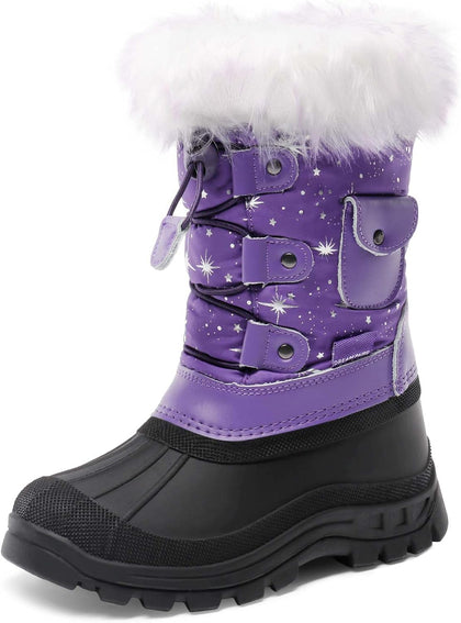 Girls Snow Waterproof Winter Boots | Warm Faux Fur Lined Outdoor Secure Grip Anti Slip Outsole Easy Wear Windproof
