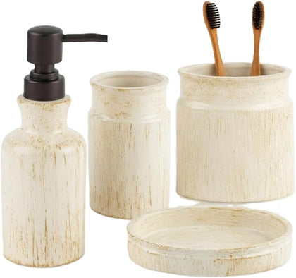 Rustic Luxe Beige 4 Piece Bathroom Accessories Set | Includes Soap Dispenser, Toothbrush Holder, Tumbler Cup & Soap Dish