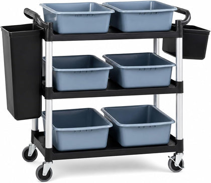 3-Tier Commercial Utility Cart with 6 Gray Bus Tubs & 2 Hanging Bins, 550 lbs Capacity Heavy-Duty Rolling Service