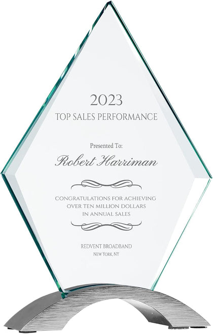 Personalized 7 1/4" Cosmic Glass with Silver Base Award, Custom Reverse Engraved Glass Plaque for Employee
