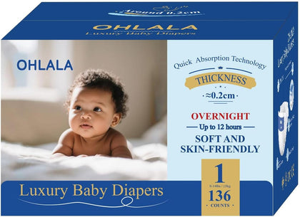 Luxury Diapers Size 1 136 Count 8-14 lbs Hypoallergenic Skin-Friendly & Leakproof Fragrance-Free Ultra-Thin 2 Pack