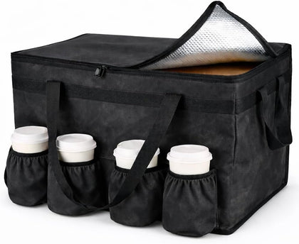 Insulated Food Delivery Bag with 4 Cup Holders, XXL Commercial Grade Thermal Pizza Carrier Bag, Keeps Food Hot or