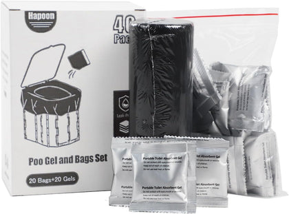 Portable Camping Toilet Bags and Poo Gel Set, HDPE Material, 40 Pack | Porta Potty Bags, Leak-Proof Design, Thickened