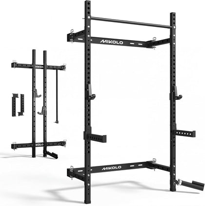 2" x 2" Folding Wall Mounted Squat Rack, 1000 Pounds Capacity Power Rack with Pull Up Bar, J Hooks and Other