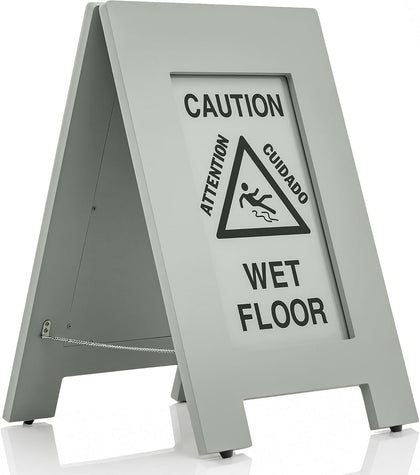 Caution Wet Floor Sign - Modern Gray A-Frame Slippery When Wet Sign with Bilingual Warning, Wooden Floor Safety Sign
