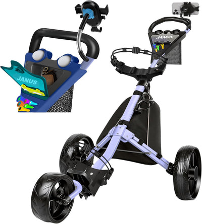 Golf Push Cart 3 Wheel, Foldable with One-Click Folding, Compact Golf Bag Cart, Wide EVA Wheels, Foot Brake, Elastic