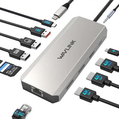 Laptop Docking Station,WAVLINK Triple Monitors Dock,Dual DisplayPort,HDMI | Single 8K@30Hz, 100W PD in, 3×USB-C/A