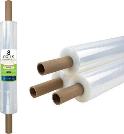 PSBM Stretch Wrap with Handles, 8 Rolls 20 Inch x 1000 Feet 90 Gauge Heavy Duty Clear Plastic Wrap Industrial