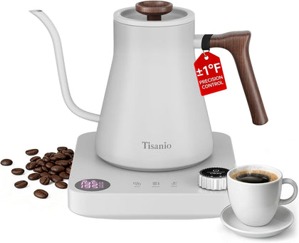 Gooseneck Electric Kettle with Temperature Control, 0.9L, White Wood | ±1°F Precision Pour Over Kettle, LCD Dual