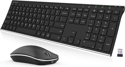2.4G Wireless Keyboard and Mouse Combo Stainless Steel Ultra Slim Full Size Keyboard and Ergonomic Mice for Computer