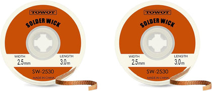 TOWOT Solder Wick Braid With Flux No-Clean Electronic, Desoldering Wick Braid Remover.Desolder Soldering Kit 2.5mm W 0.10'' L 9.8'(2pcs)