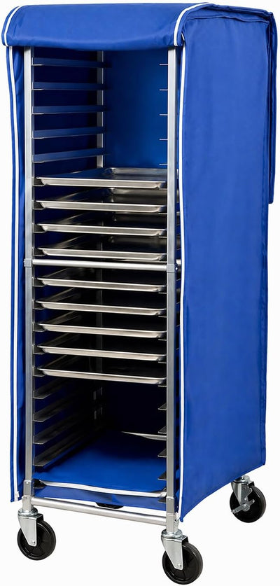 Insulated Bun Pan Rack Cover, Blue Vinyl-Coated Polyester, Full Height 63 Inch, with Zipper Access, Freezer Safe