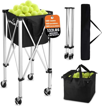 Pickleball Tennis Ball Hopper-Foldable Lightweight Tennis Cart Holds 180 Tennis/160 Pickleballs with Removable