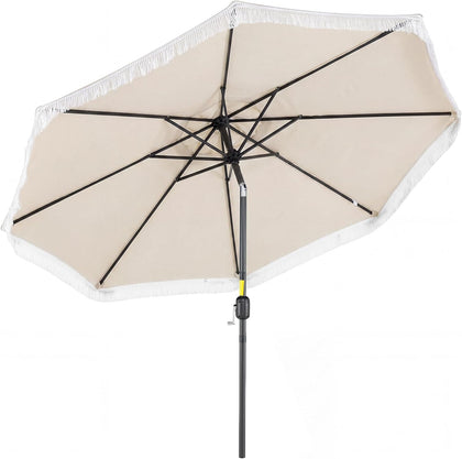 9 FT Patio Umbrella with Fringe, Vented Top, Outdoor Tassel Table Umbrella with Push Button Tilt, Crank, Heavy-Duty