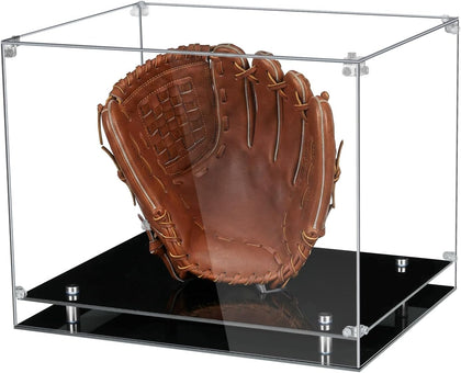 Baseball Glove Display Case with Gold Riser Stand and Black Base | Clear Acrylic Showcase for Baseball Gloves
