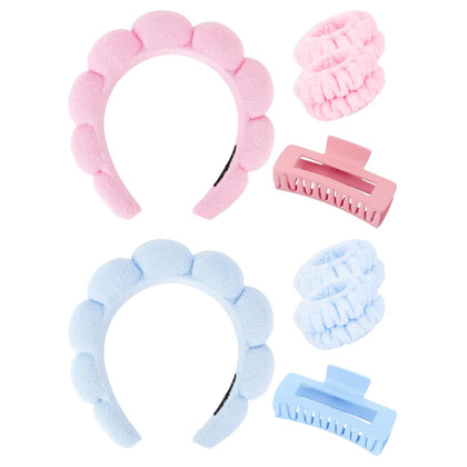 Pink Blue Spa Headband And Wristband Set Skincare Headband For Washing Face Hair Claw Clips For Thick Hair Cute Puffy