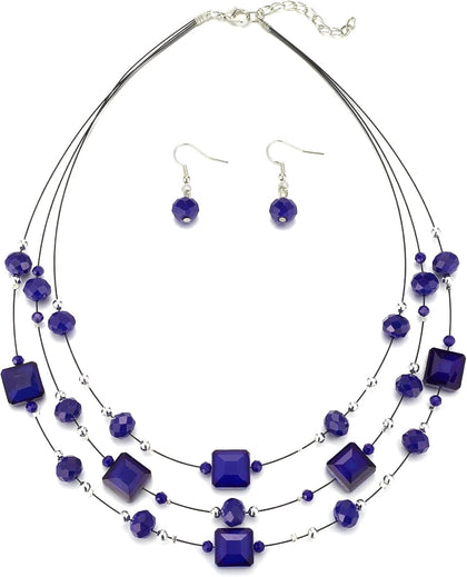 Layered Silver Beaded Necklace for Women Square Crystal Beads Statement Collar Necklace and Earrings Fashion Costumes