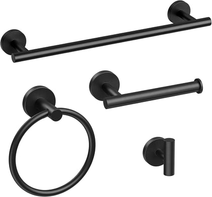 Bathroom Hardware Set, 18 Inch Matte Black Towel Bar Set, 4-Piece | Wall Mounted Bathroom Accessories, Towel Racks