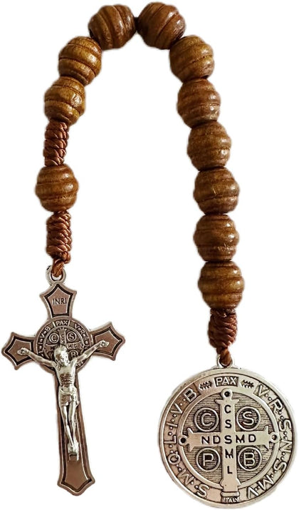 Saint Benedict Medal Prayer Pocket Rosary Catholic Brown Wood Beads with Medalla de san benitol and Crucifix, 9 Inch