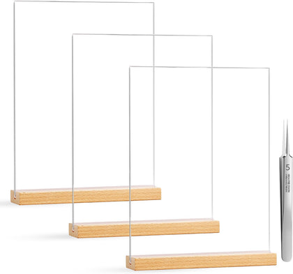 Acrylic Sign Holder 8.5×11 Inches with Wood Base, 3 Pack – Double-Sided Tabletop Clear Display Stand for Menu, Flyer