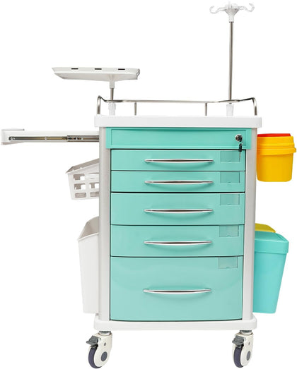 Medical Rolling Crash Cart with Accessories-CPR Board, 2 Trash Bin, Drawers with Dividers, Mobile Medical Cart for