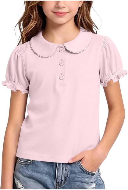 Girls Pure Cotton Polos Puff Sleeve Cute Peter Pan Collar Shirt Pink | Back to School Clothes for Teen Girls Kids
