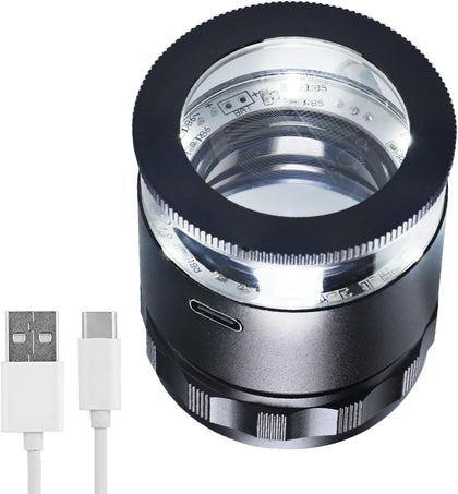 10X Rechargeable Jewelers Loupe Magnifier with LED Light & Detachable Reticle Scale, 25mm Field of View, Adjustable